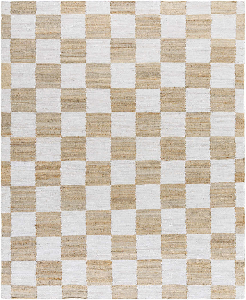 Close-up of the Kamey Handmade Becki Owens x LIVABLISS BOKY-2302 Area Rug. Features a light brown and white checkerboard pattern. Design-Rectangle-810