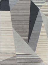 Close-up of the Toril Modern Wool Rug featuring an abstract geometric design in ash, onyx, sage, and silver gray. Design-Rectangle-811