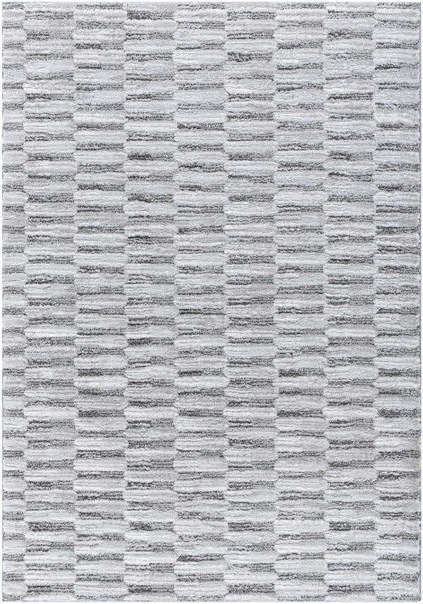 Close-up of the Tiimu Shag Area Rug. Light silver, sage, and silver gray shag rug with a subtle horizontal block pattern. Design-Rectangle-537