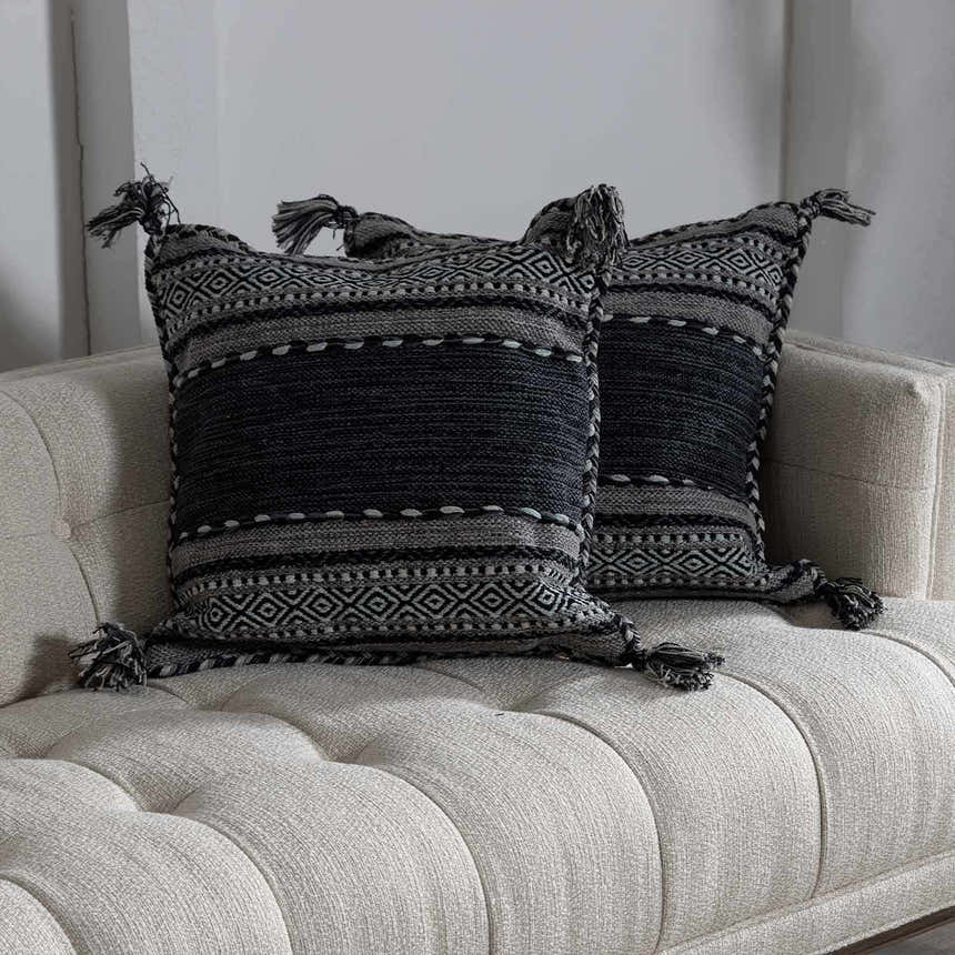 Bensalem Black Geometric Fringe Throw Pillow