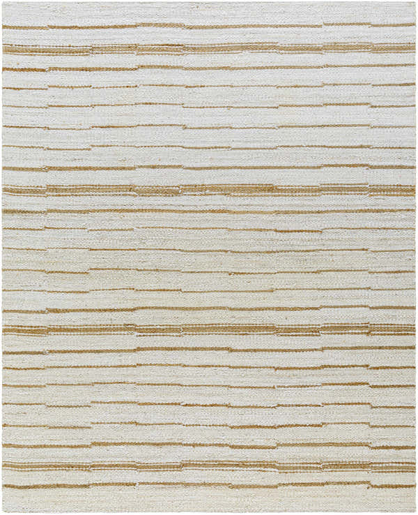 Close-up of Kamey Handmade Becki Owens x LIVABLISS BOKY-2306 Area Rug. Jute rug with beige and tan horizontal stripes. Design-Rectangle-810