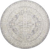 Close-up of a round Ulubey Distressed Gray Thick Luxe Area Rug featuring a traditional, oriental-inspired medallion pattern. Design-Round-67