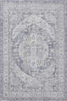 Close-up of the Ulubey Distressed Gray Thick Luxe Area Rug. Features a traditional, oriental pattern in gray, light blue, and beige tones. Design-Rectangle-58