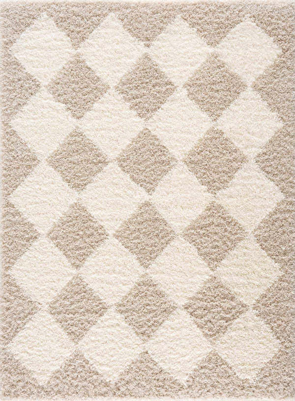 Close-up of Zahur Cream & Beige Diamond Area Rug. Features a soft, textured pile and checkered diamond pattern. Design-Rectangle-46
