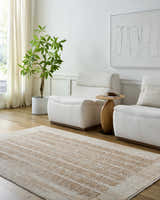 Living room scene with Usonia Frank Lloyd Wright Foundation USO-2302 rug, white chairs, wood floors, and modern art. Roomscene-Rectangle