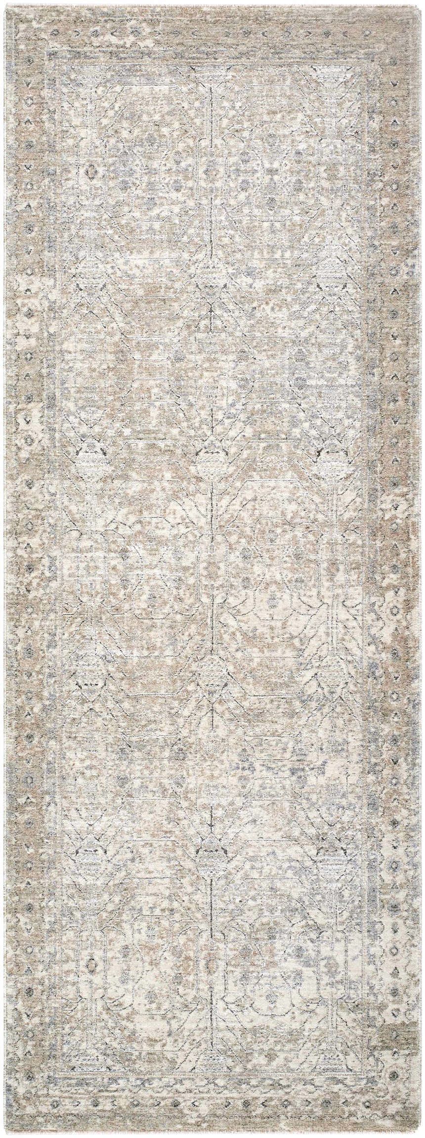Close-up of the Avalyn Area Rug. Cream, light sage, light slate, and tan colors. Farmhouse style, machine woven polyester rug. Design-Runner-2710