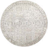 Close-up of the round Avalyn Area Rug. Cream, light sage, and tan tones with a traditional, distressed pattern. Design-Round-53