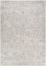 Close-up of the Avalyn Area Rug. Machine-woven polyester rug in cream, sage, slate, and tan with a traditional pattern. Design-Rectangle-6796