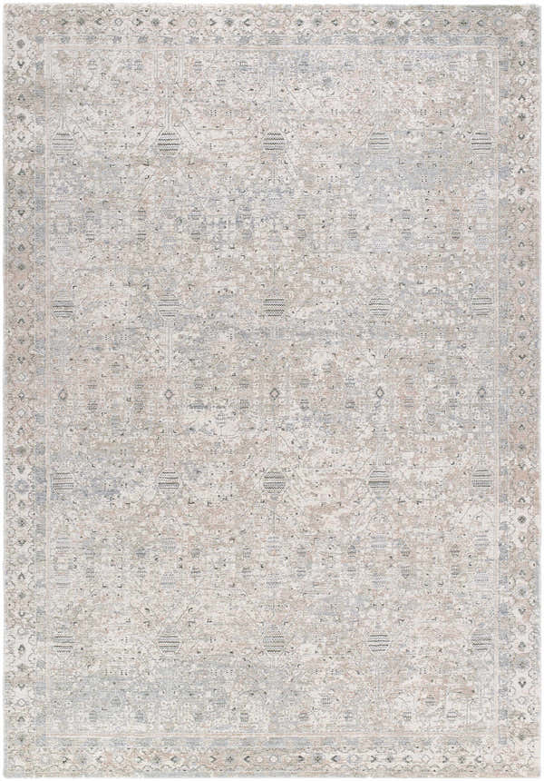 Close-up of the Avalyn Area Rug. Machine-woven polyester rug in cream, sage, slate, and tan with a traditional pattern. Design-Rectangle-6796