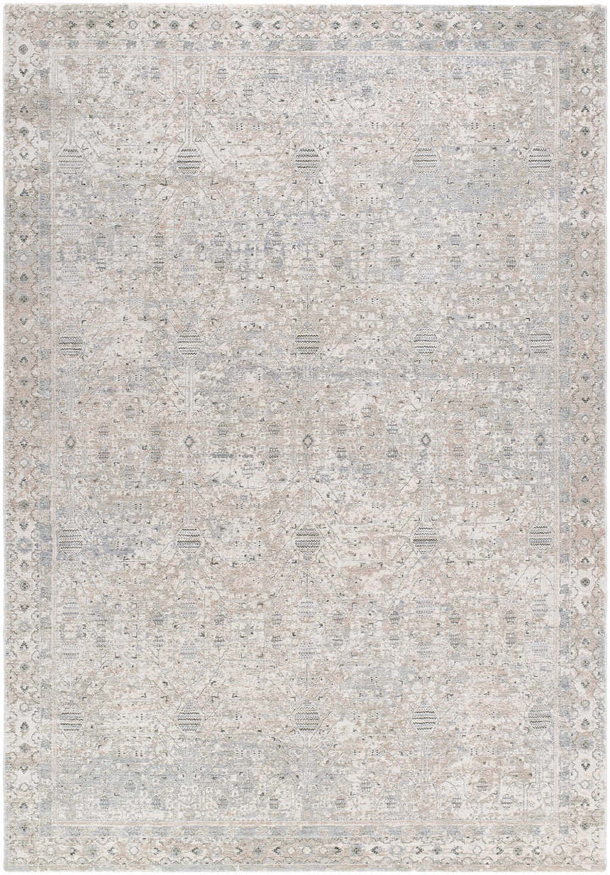 Close-up of the Avalyn Area Rug. Machine-woven polyester rug in cream, sage, slate, and tan with a traditional pattern. Design-Rectangle-6796
