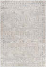 Close-up of the Avalyn Area Rug. Machine-woven polyester rug in cream, sage, slate, and tan with a traditional pattern. Design-Rectangle-6796