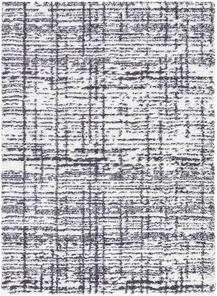 Close-up of the Anisha Black Area Rug showing a contemporary shag design with black and white textured pattern. Design-Rectangle-537