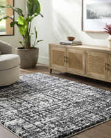 Living room scene with a black and white Anisha Black Area Rug, beige chair, and wood media cabinet. Roomscene-Rectangle