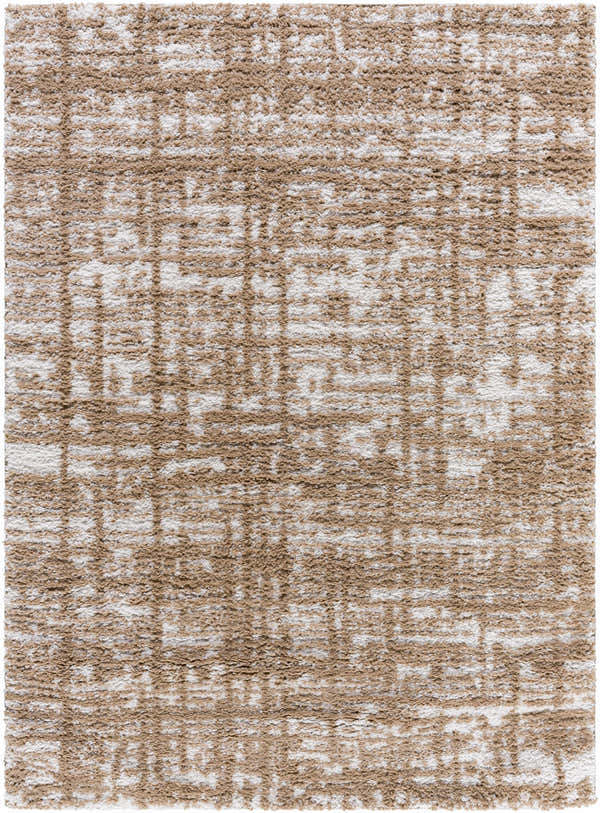 Close-up of the Anisha Brown Area Rug, a shag rug with a tan and white geometric pattern. Design-Rectangle-537