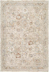 Close-up of the Vidar Gray Area Rug. Traditional style with ivory, rust, sandstone, slate blue, and taupe colors. Design-Rectangle-6796