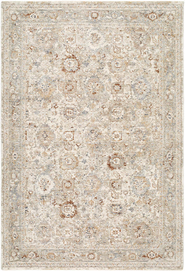 Close-up of the Vidar Gray Area Rug. Traditional style with ivory, rust, sandstone, slate blue, and taupe colors. Design-Rectangle-6796