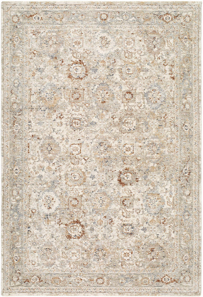 Close-up of the Vidar Gray Area Rug. Traditional style with ivory, rust, sandstone, slate blue, and taupe colors. Design-Rectangle-6796