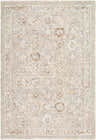 Close-up of the Vidar Blue Area Rug, a farmhouse style rug with a traditional floral pattern in beige, brown, and blue tones. Design-Rectangle-6796