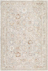 Close-up of the Vidar Ivory Area Rug, a traditional rug with ivory, parchment, rust, and slate gray tones. Design-Rectangle-6796