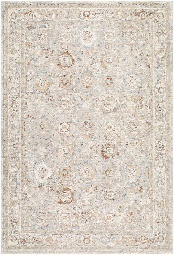 Close-up of the Vidar Ivory Area Rug, a traditional rug with ivory, parchment, rust, and slate gray tones. Design-Rectangle-6796