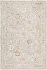 Close-up of the Vidar Ivory Area Rug, a traditional rug with ivory, parchment, rust, and slate gray tones. Design-Rectangle-6796