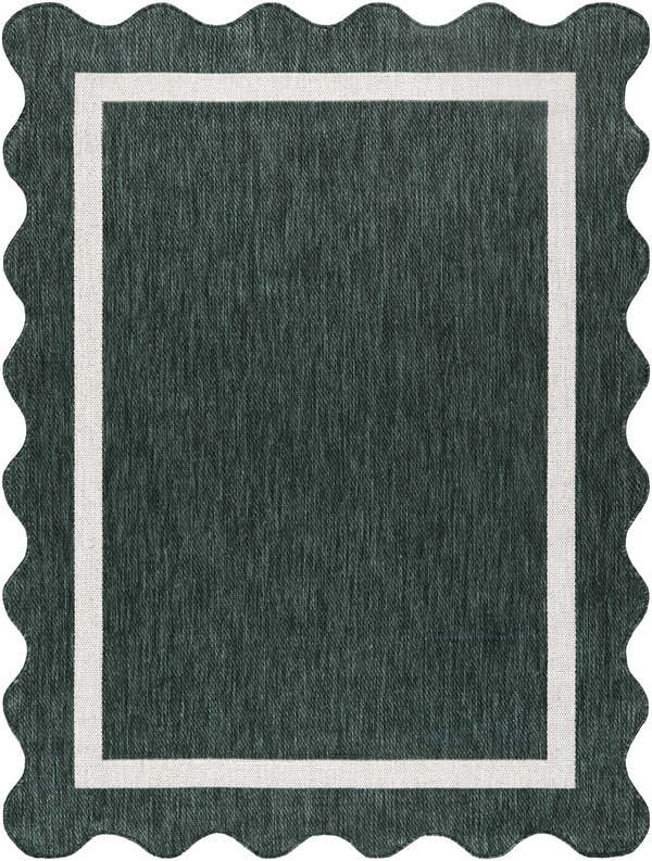 Close-up of Varro Green Area Rug showing texture, cream border, and scalloped edge. Design-Rectangle-537