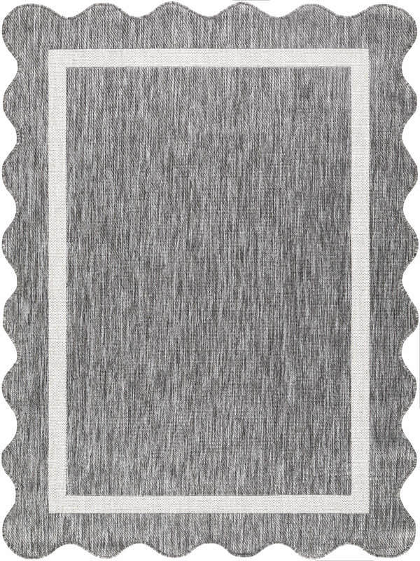 Close-up of the Varro Charcoal Area Rug, showing its textured charcoal weave, cream border, and scalloped edge. Design-Rectangle-537