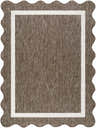 Close-up of the Varro Dark Brown Area Rug. Farmhouse style rug with cream border and scalloped edge. Design-Rectangle-537