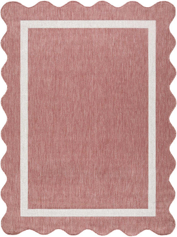 Close-up of Varro Dark Pink Area Rug featuring a cream border and a unique scalloped edge. Design-Rectangle-537
