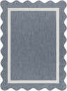 Close-up of the Varro Blue Area Rug showing its blue color, cream border, and scalloped edge. Design-Rectangle-537