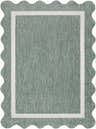 Close-up of Varro Medium Green Area Rug. Farmhouse style rug with cream border and scalloped edge. Machine woven texture. Design-Rectangle-537