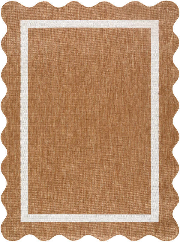 Close-up of the Varro Rust Area Rug. Machine-woven polypropylene rug with cream border and scalloped edge. Rust color. Design-Rectangle-537