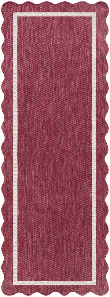 Close-up of the Varro Burgundy Area Rug. Features a cream border and a unique scalloped edge. Design-Runner-2773