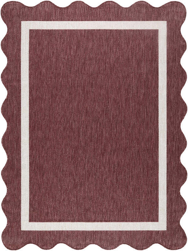 Close-up of the Varro Burgundy Area Rug showing its woven texture, cream border, and scalloped edge. Design-Rectangle-537