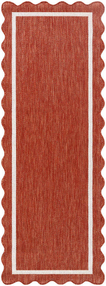 Close-up of the Varro Cream Area Rug, a rust-colored runner with a cream border and scalloped edge. Farmhouse style. Design-Runner-2773