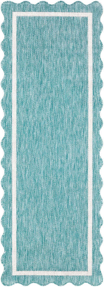 Close-up of the Varro Aqua Area Rug. Aqua rug with a cream border and a unique scalloped edge. Design-Runner-2773