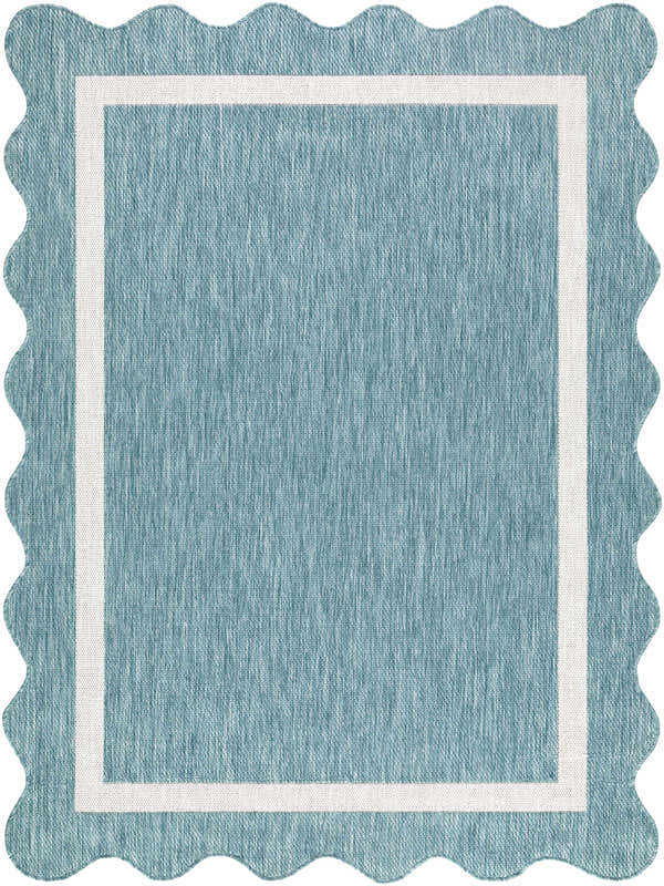 Close-up of the Varro Aqua Area Rug, showing the aqua color, cream border, woven texture, and scalloped edge. Design-Rectangle-537