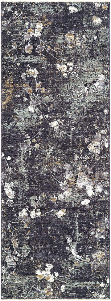 Close-up of the Aquila Black Area Rug. Southwestern style with black, charcoal, gray, ivory, and tan colors. Design-Runner-2773