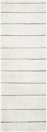 Close-up of the Cascade Machine Woven PNW Home x LIVABLISS rug, featuring ivory and taupe horizontal stripes. Design-Runner-2773