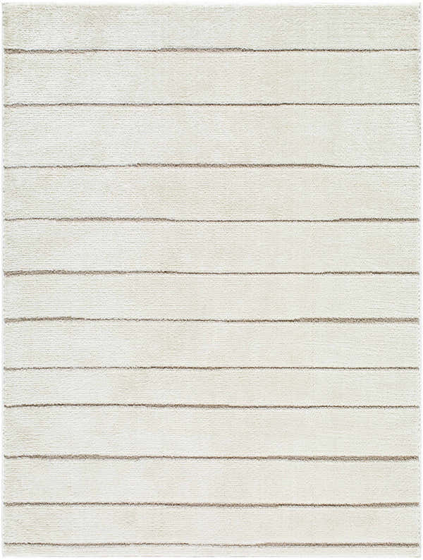 Close-up of the Cascade Cream Area Rug, featuring a soft ivory base with subtle taupe horizontal stripes. Design-Rectangle-537