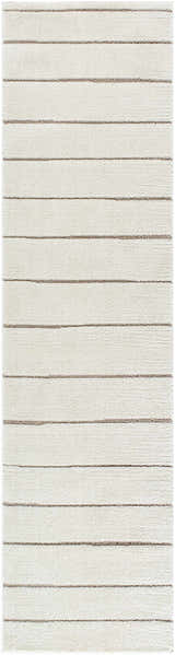 Close-up of the Cascade Machine Woven PNWCS-2303 rug. Ivory rug with a subtle taupe horizontal stripe pattern. Design-Runner