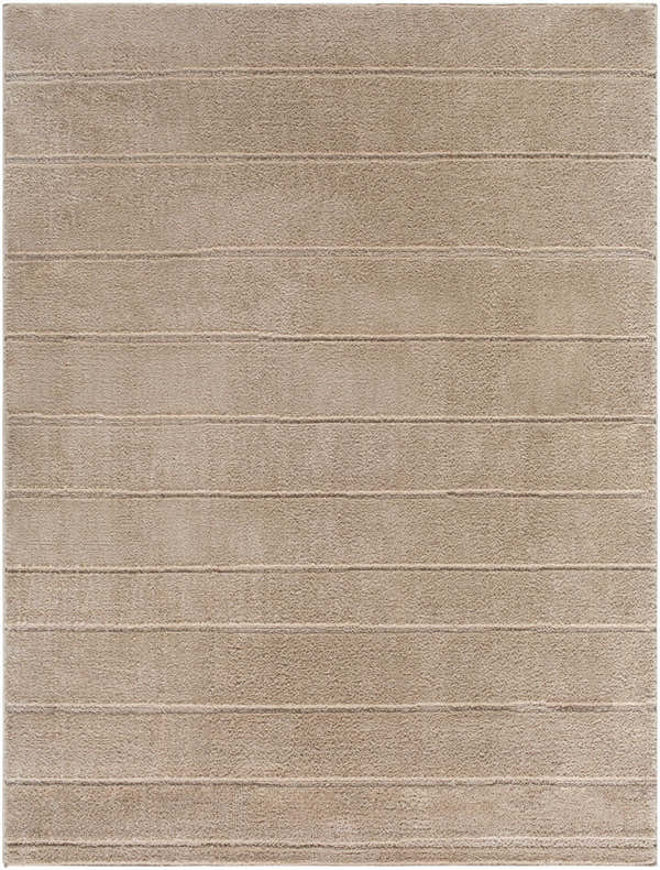 Close-up of the Cascade Brown Area Rug. Light brown rug with a subtle horizontal striped texture. Design-Rectangle-537