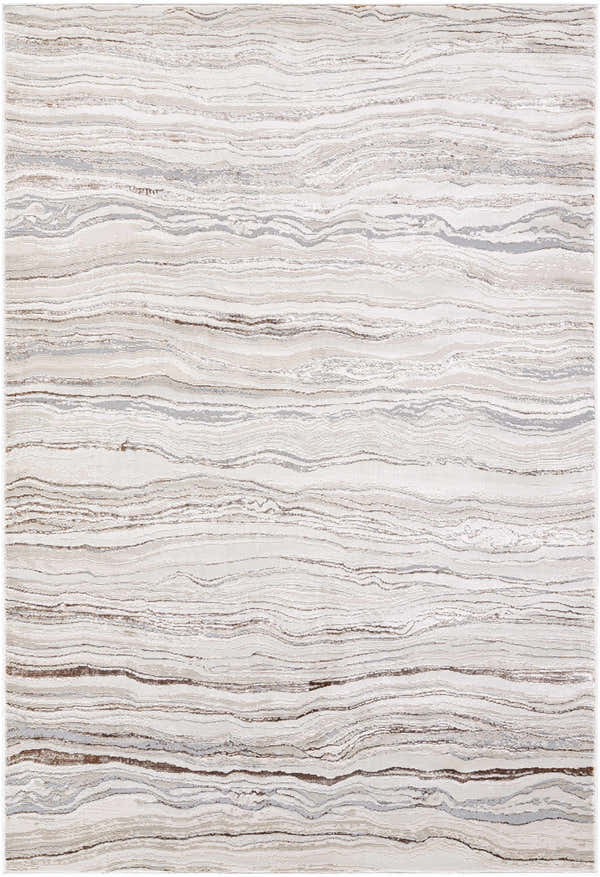Close-up of the Ailith Area Rug. Cream, ivory, light slate, peach, and tan wavy pattern. Contemporary style. Design-Rectangle-5373