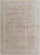 Close-up of the Vince Area Rug. Farmhouse style rug with cream, dark red, gray, and tan traditional pattern. Design-Rectangle-5710