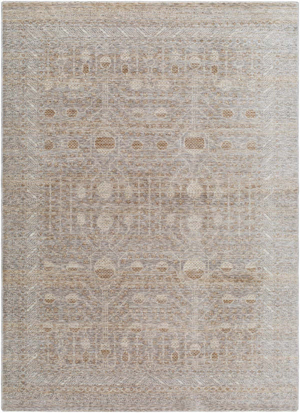 Close-up of the Vince Area Rug. Farmhouse style rug with cream, dark red, gray, and tan traditional pattern. Design-Rectangle-5710
