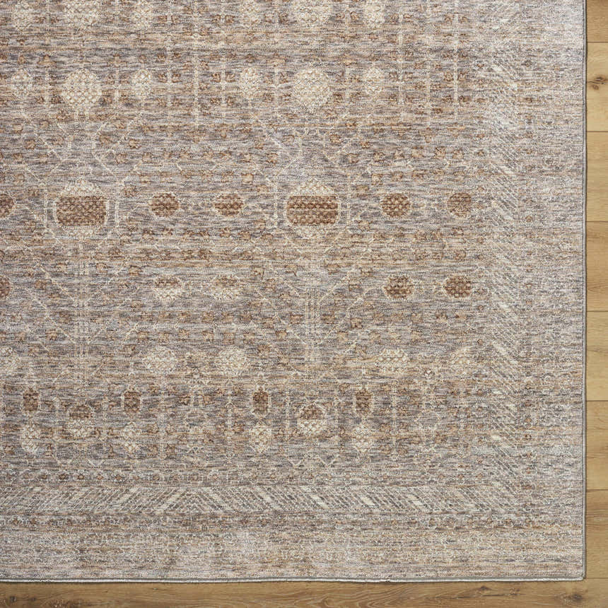 Close up of the Vince Area Rug showing its farmhouse design, cream, tan, gray, and dark red colors. Swatch