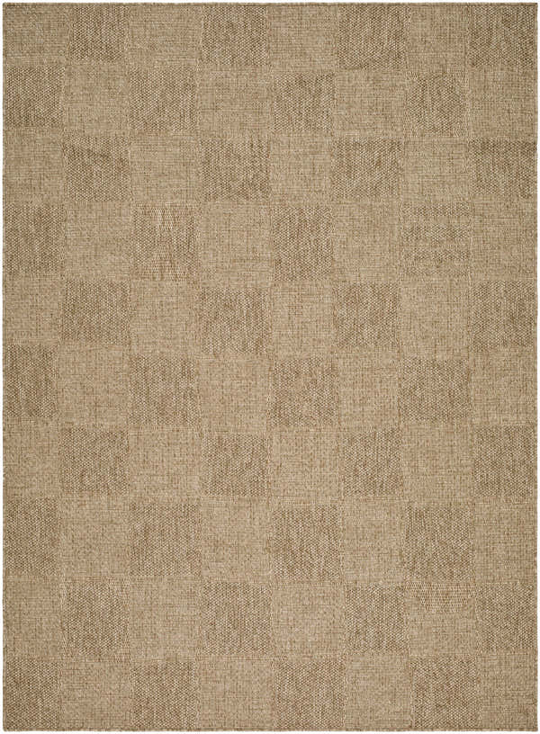 Close-up of the Veras Beige Area Rug. Neutral tan rug with a subtle, contemporary woven texture and geometric pattern. Design-Rectangle-537