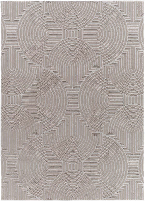 Close up of the Aucoin Taupe 3D Rainbow Washable Area Rug featuring a geometric, arched line pattern. Design-Rectangle-4117