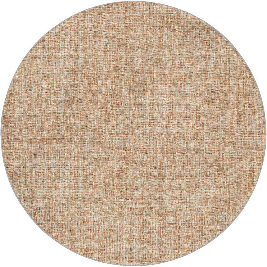 Close-up of round Dalyn Luxury Voyage VY1 Copper Washable Area Rug. Caramel color, textured weave.