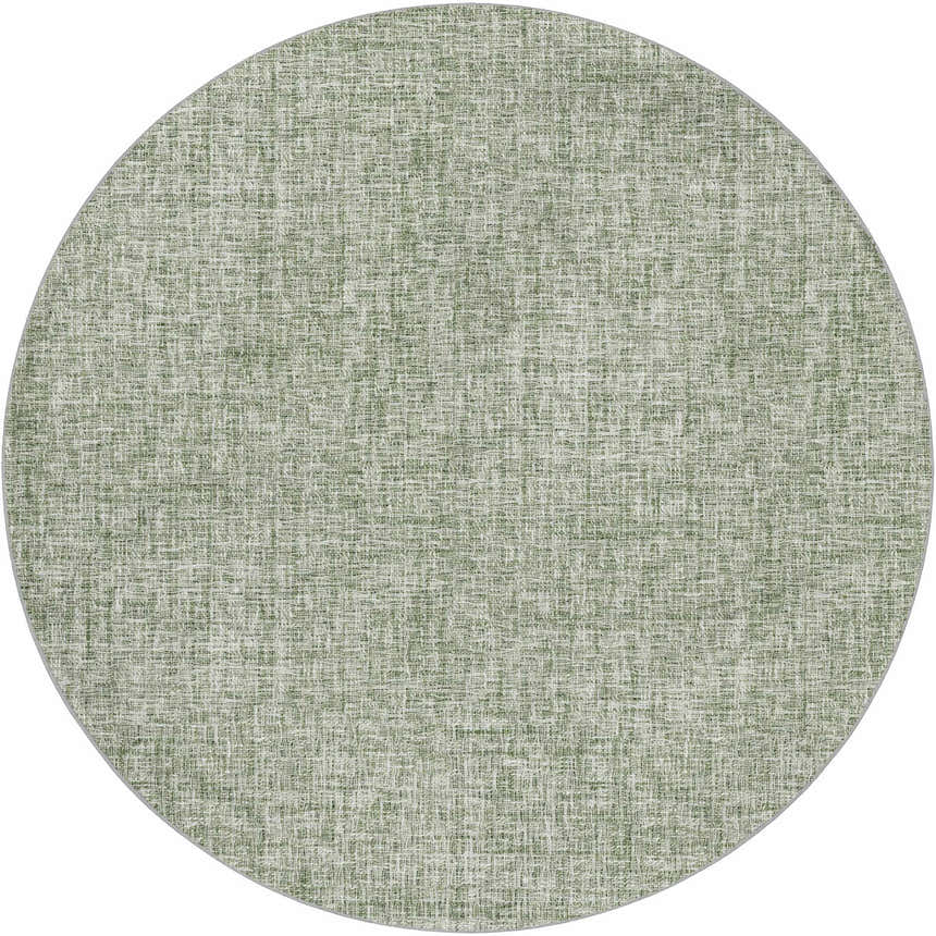Close-up of a round Dalyn Luxury Voyage VY1 Fern Washable Area Rug with a textured green and white farmhouse design.